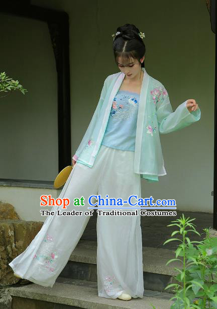 Traditional Chinese Song Dynasty Young Lady Hanfu Costume Embroidered Blouse and Pants for Women