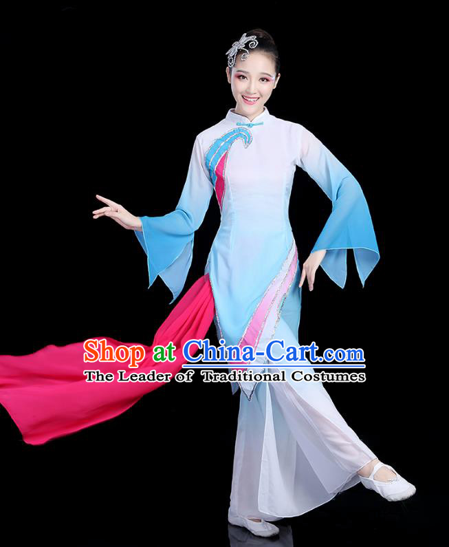 Traditional Chinese Yangge Fan Dance Costume, China Classical Folk Dance Yangko Umbrella Dance Blue Clothing for Women