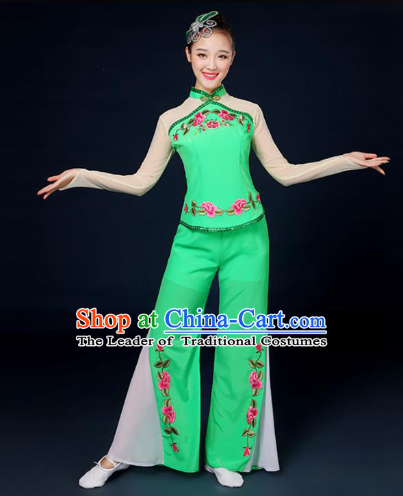 Traditional Chinese Yangge Fan Dance Embroidered Peony Green Uniform, China Classical Folk Yangko Drum Dance Clothing for Women
