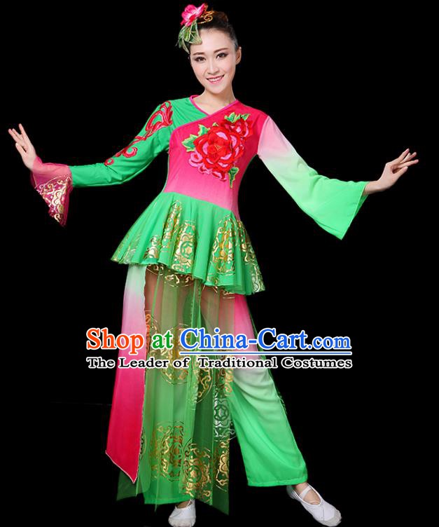 Traditional Chinese Yangge Fan Classical Dance Umbrella Dance Uniform, China Folk Yangko Drum Dance Clothing for Women