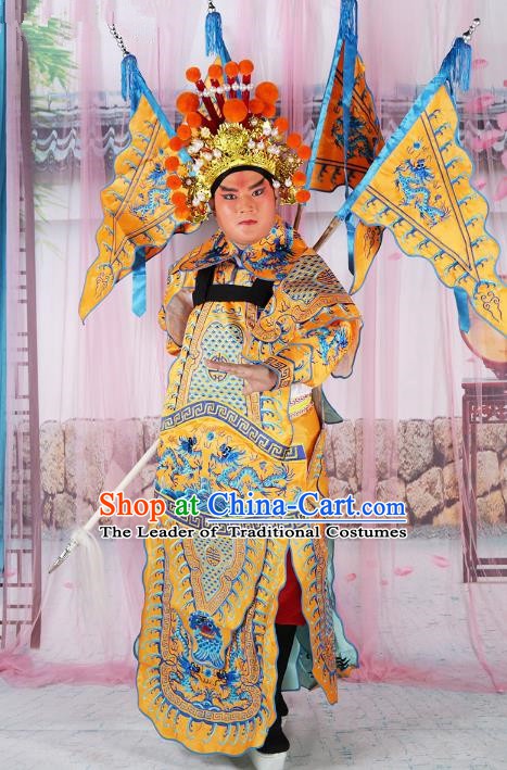 Chinese Beijing Opera General Costume Yellow Embroidered Robe, China Peking Opera Embroidery Gwanbok Clothing