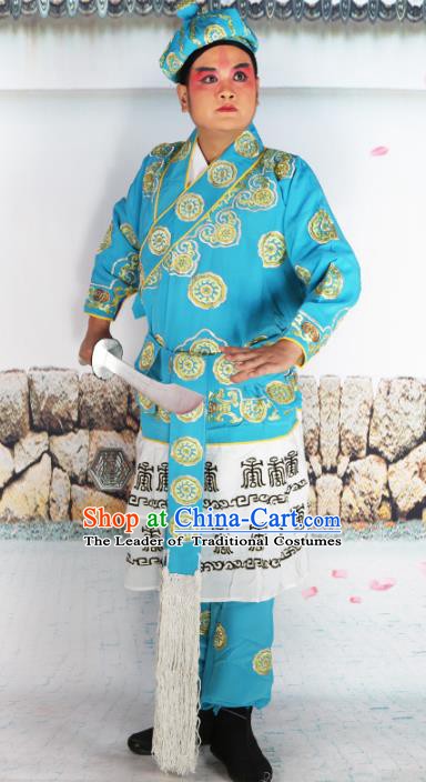 Chinese Beijing Opera Warrior Blue Embroidered Costume, China Peking Opera Takefu Embroidery Clothing
