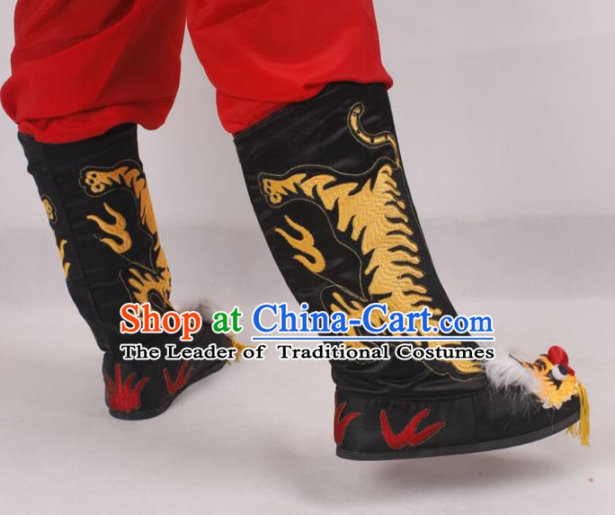 Asian Chinese Beijing Opera Takefu Embroidered Tiger Shoes, Traditional China Peking Opera Young Men Hanfu Black Boots