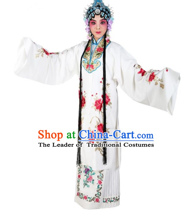 Chinese Beijing Opera Actress Nobility Lady Embroidered White Costume, China Peking Opera Embroidery Clothing