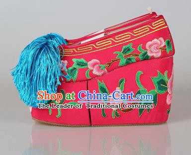 Asian Chinese Beijing Opera Actress Fuchsia Embroidered Shoes, Traditional China Peking Opera Diva Hanfu Blood Stained Shoes
