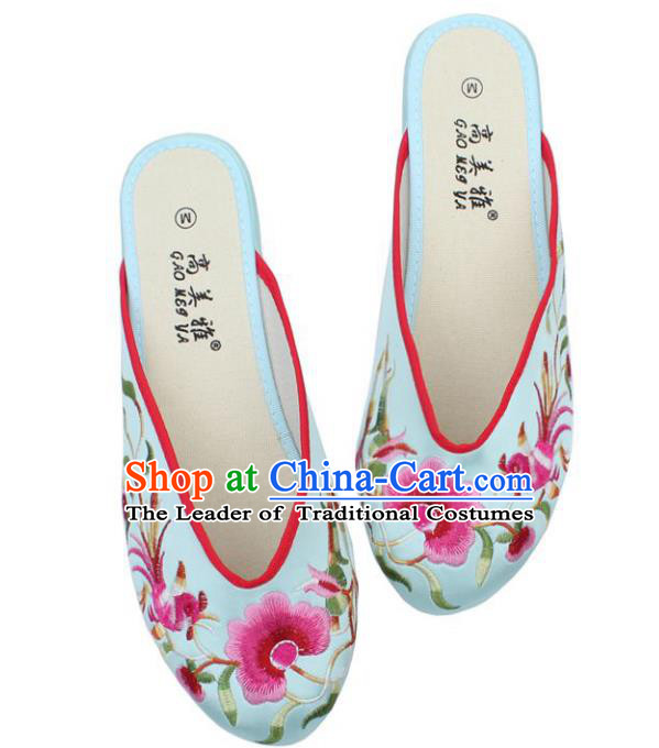 Traditional Chinese National Bride Light Blue Satin Embroidered Shoes, China Handmade Embroidery Phoenix Peony Hanfu Slippers for Women
