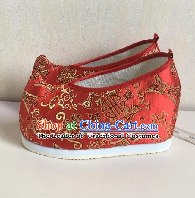 Traditional Chinese Ancient Han Dynasty Princess Embroidered Red Blood Stained Shoes, China Handmade Hanfu Embroidery Wedding Shoes for Women
