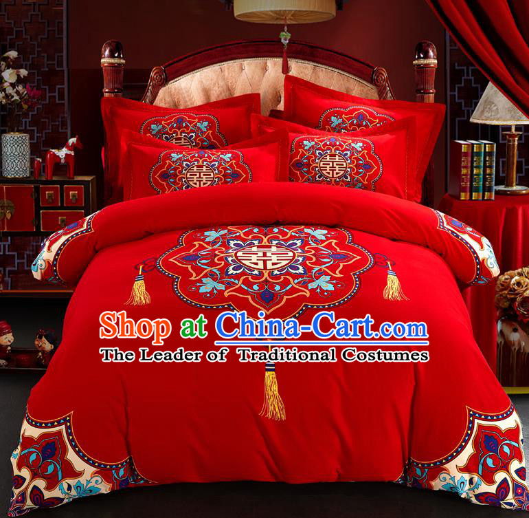 Traditional Chinese Style Wedding Bedding Set, China National Printing Character Xi Red Textile Bedding Sheet Quilt Cover Complete Set