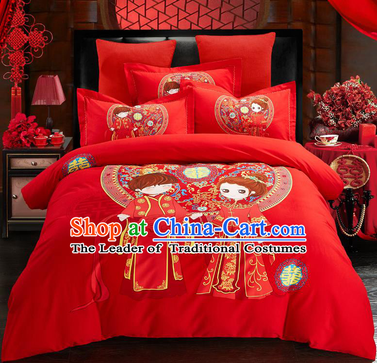 Traditional Chinese Style Wedding Bedding Set, China National Marriage Printing Red Textile Bedding Sheet Quilt Cover Complete Set