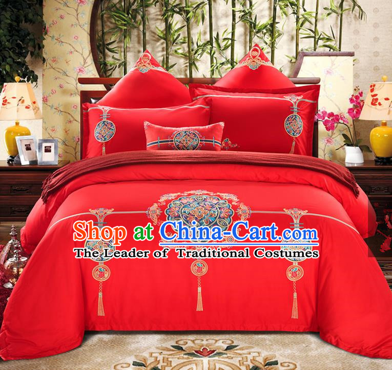 Traditional Chinese Style Wedding Bedding Set, China National Marriage Embroidery Red Textile Bedding Sheet Quilt Cover Seven-piece suit