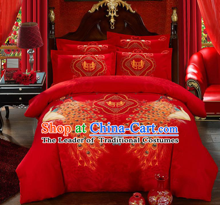 Traditional Chinese Style Wedding Bedding Set, China National Marriage Printing Peacock Red Textile Bedding Sheet Quilt Cover Seven-piece suit