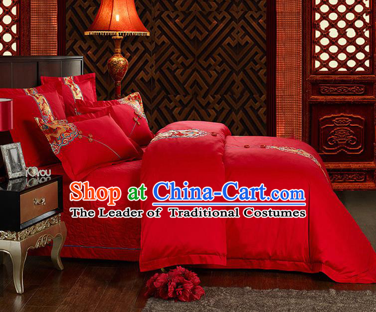 Traditional Chinese Style Wedding Bedding Set, China National Marriage Embroidery Dragon Red Textile Bedding Sheet Quilt Cover Six-piece suit