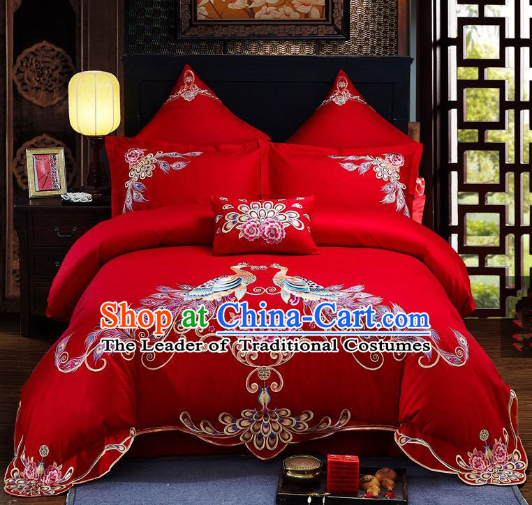 Traditional Chinese Style Wedding Bedding Set, China National Marriage Embroidery Peacock Red Textile Bedding Sheet Quilt Cover Seven-piece suit