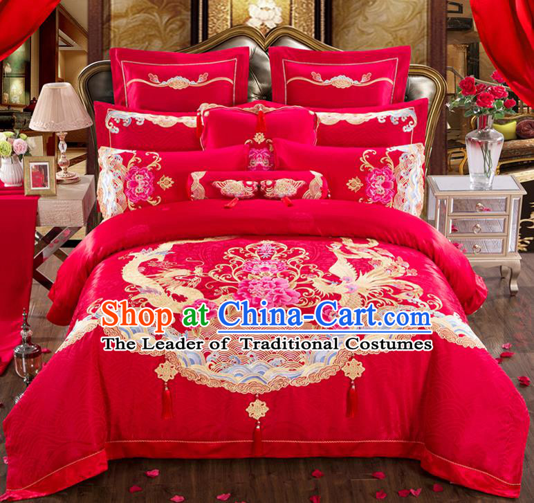 Traditional Chinese Style Marriage Bedding Set Embroidered Dragon Phoenix Peony Wedding Celebration Red Satin Drill Textile Bedding Sheet Quilt Cover Eleven-piece Suit
