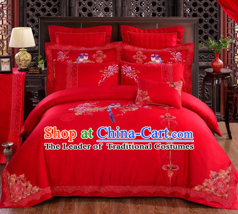 Traditional Chinese Style Marriage Embroidered Magpie Bedding Set Wedding Celebration Red Satin Drill Textile Bedding Sheet Quilt Cover Ten-piece Suit
