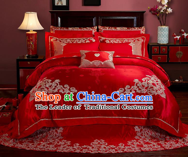 Traditional Chinese Style Marriage Embroidered Phoenix Bedclothes Set Wedding Celebration Red Satin Drill Textile Bedding Sheet Quilt Cover Ten-piece Suit