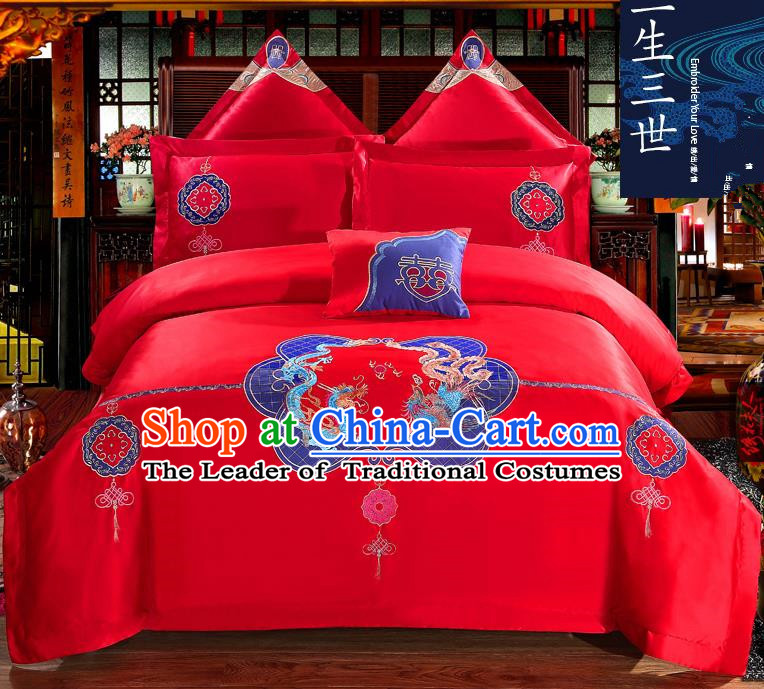 Traditional Chinese Style Wedding Bedding Set, China National Marriage Printing Dragon and Phoenix Red Textile Bedding Sheet Quilt Cover Seven-piece suit