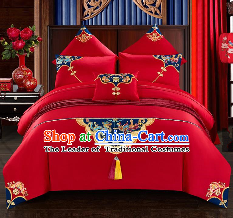 Traditional Chinese Style Wedding Bedding Set, China National Marriage Printing Twin Bliss Red Textile Bedding Sheet Quilt Cover Seven-piece suit