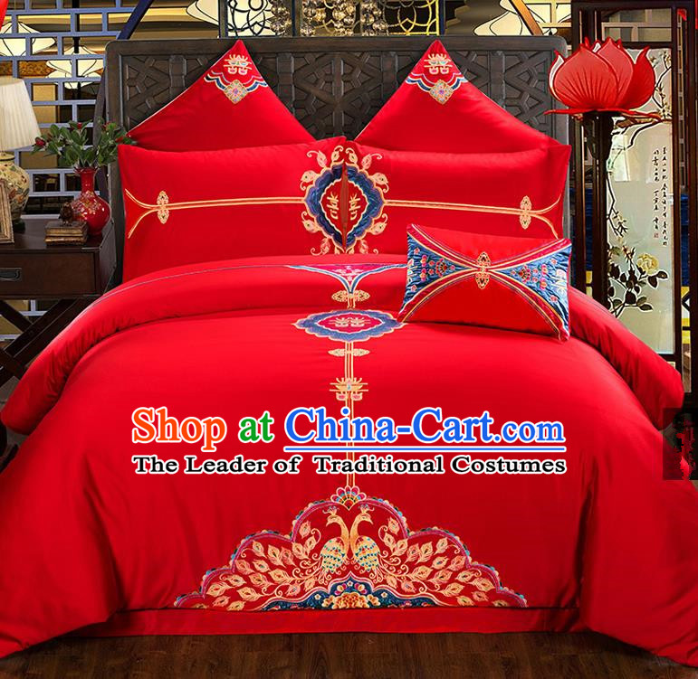 Traditional Chinese Style Wedding Bedding Set, China National Marriage Printing Peony Red Textile Bedding Sheet Quilt Cover Seven-piece suit