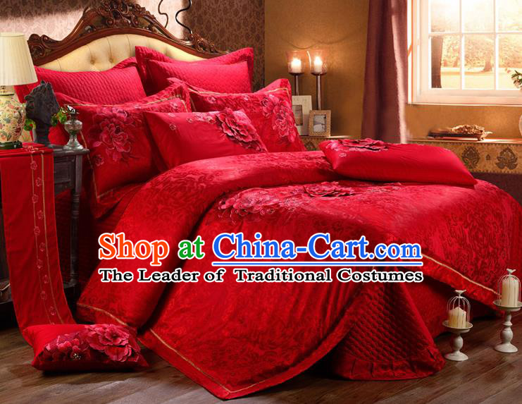 Traditional Chinese Style Marriage Bedding Set Printing Rose Wedding Red Textile Bedding Sheet Quilt Cover Ten-piece Suit
