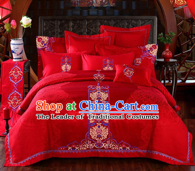 Traditional Chinese Style Marriage Bedding Set Embroidered Wedding Red Satin Textile Bedding Sheet Quilt Cover Ten-piece Suit