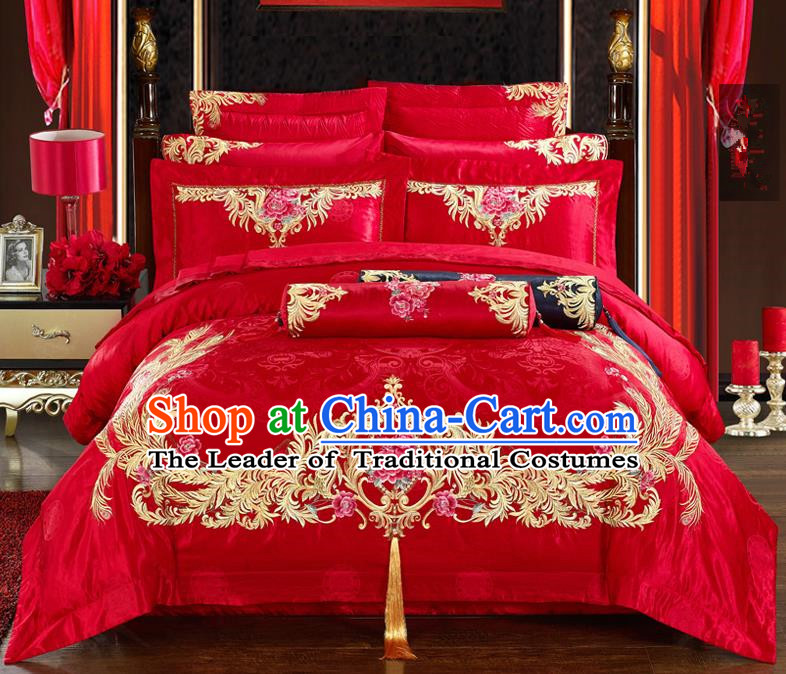 Traditional Chinese Style Marriage Bedding Set Embroidered Phoenix Wedding Red Satin Textile Bedding Sheet Quilt Cover Ten-piece Suit