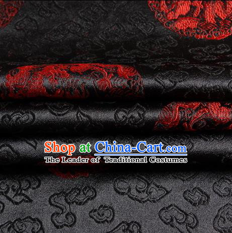 Chinese Traditional Costume Royal Palace Dragon Pattern Black Satin Brocade Fabric, Chinese Ancient Clothing Drapery Hanfu Cheongsam Material