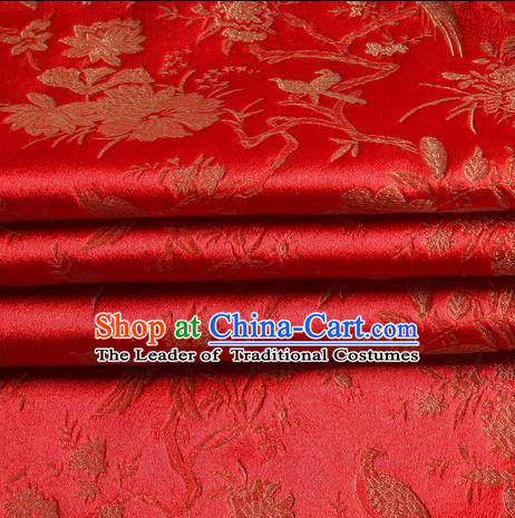 Chinese Traditional Costume Royal Palace Magpie Pattern Red Satin Brocade Fabric, Chinese Ancient Clothing Drapery Hanfu Cheongsam Material