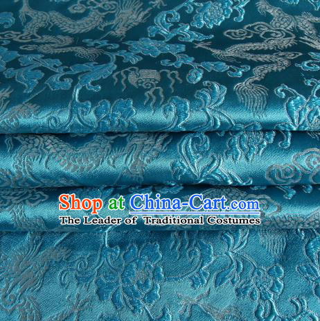 Chinese Traditional Costume Royal Palace Dragons Pattern Lake Blue Satin Brocade Fabric, Chinese Ancient Clothing Drapery Hanfu Cheongsam Material