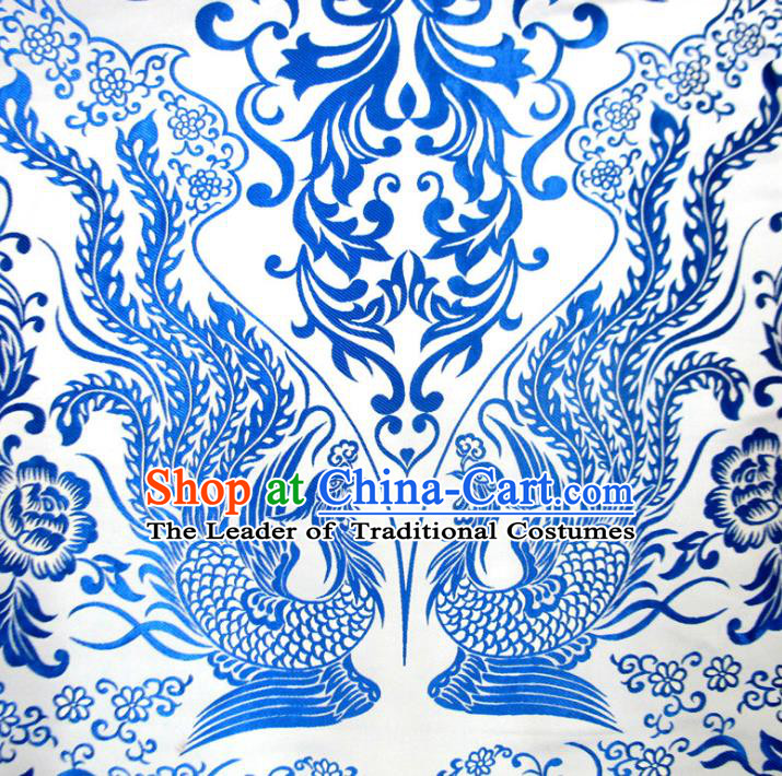 Chinese Traditional Costume Royal Palace Blue and White Porcelain Phoenix Pattern Satin Nanjing Brocade Fabric, Chinese Ancient Clothing Drapery Hanfu Cheongsam Material