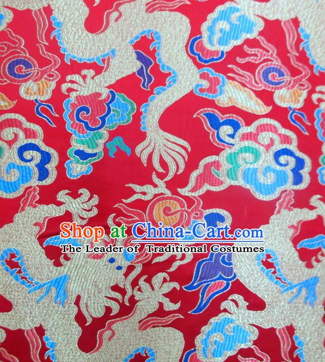 Chinese Traditional Costume Royal Palace Dragon Pattern Red Satin Nanjing Brocade Fabric, Chinese Ancient Clothing Drapery Hanfu Cheongsam Material