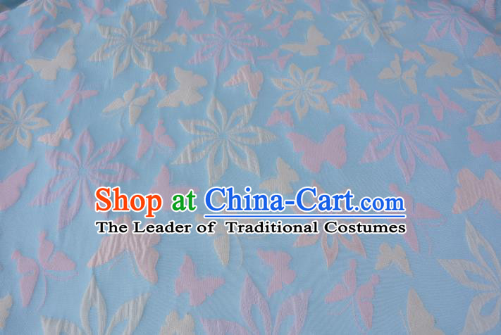 Chinese Traditional Costume Royal Palace Printing Butterfly Blue Brocade Fabric, Chinese Ancient Clothing Drapery Hanfu Cheongsam Material