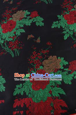 Chinese Traditional Costume Royal Palace Printing Red Peony Pattern Black Brocade Fabric, Chinese Ancient Clothing Drapery Hanfu Cheongsam Material