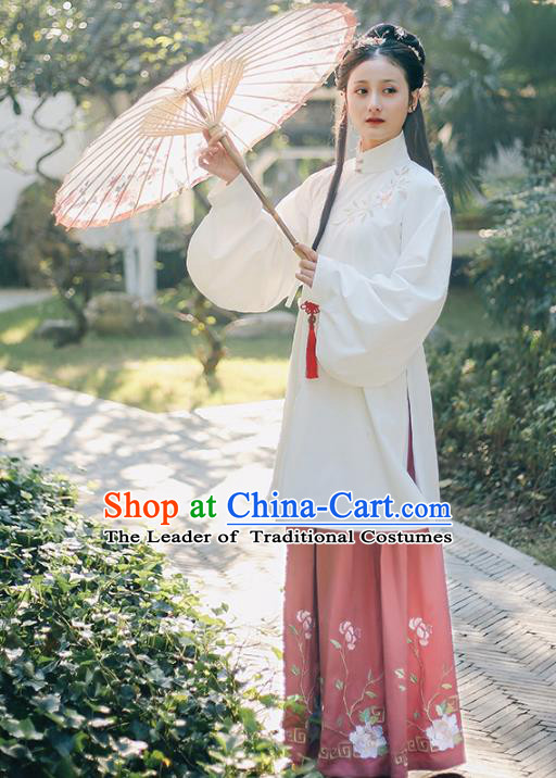 Traditional Chinese Ancient Ming Dynasty Palace Lady Princess Embroidered Mangnolia Costume Blouse and Skirt Complete Set for Women