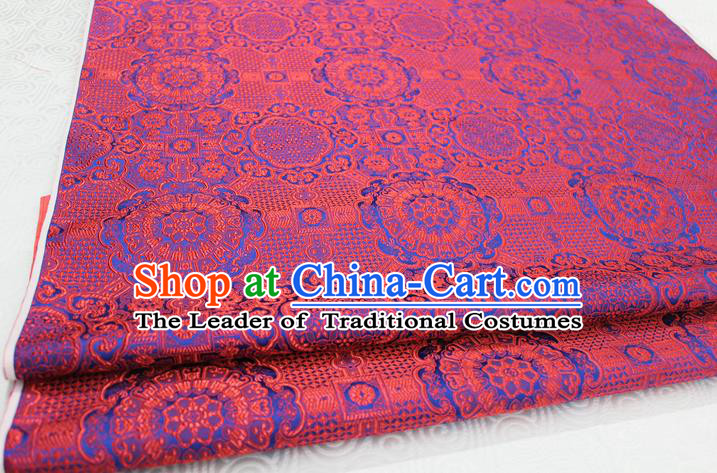 Chinese Traditional Royal Palace Blue Pattern Mongolian Robe Red Brocade Fabric, Chinese Ancient Costume Drapery Hanfu Cheongsam Material