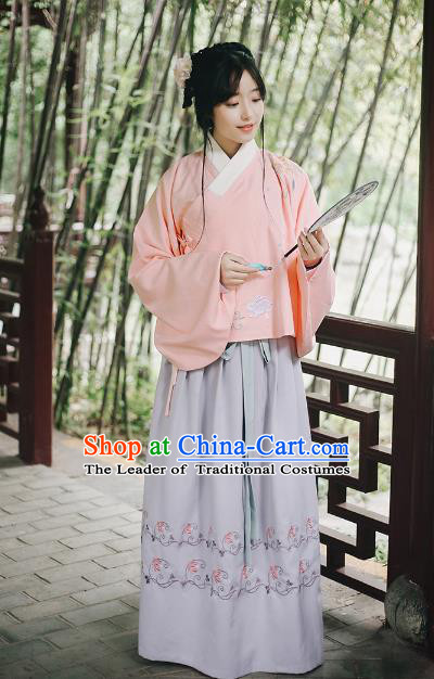 Traditional Chinese Ming Dynasty Young Lady Ancient Princess Hanfu Costume Embroidered Sleeve Placket Blouse and Skirt for Women