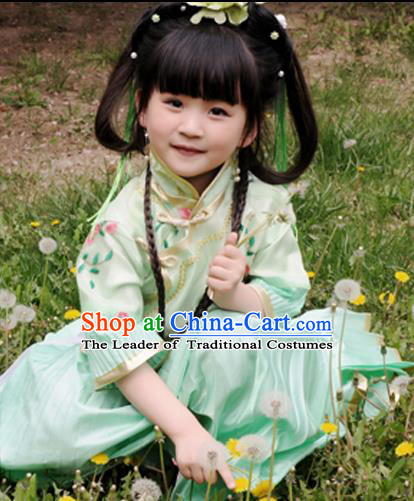 Traditional Ancient Chinese Costume Girl Pleated Skirt, Chinese Late Qing Dynasty Young Lady DressGeneral Chai and Lady Balsam Blouse, Republic of China Embroidered Clothing for Kids