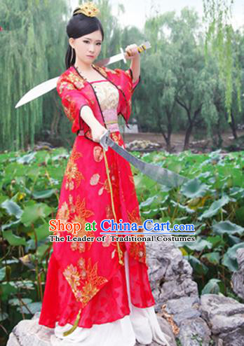 Ancient Chinese Swordsman Red Embroidered Costumes Red Hanfu Dress for Women