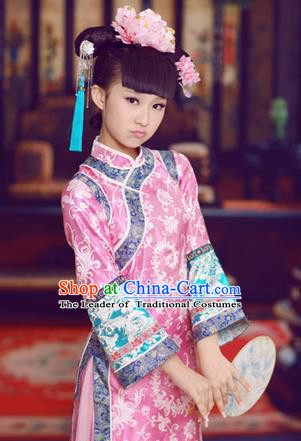 Traditional Ancient Chinese Imperial Princess Children Costume, Chinese Qing Dynasty Manchu Little Girl Dress, Cosplay Chinese Concubine Embroidered Clothing for Kids