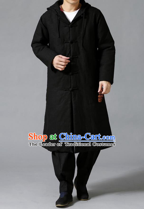 Top Chinese National Tang Suits Flax Frock Costume, Martial Arts Kung Fu Front Opening Black Coats, Kung fu Plate Buttons Unlined Upper Garment Hooded Robes, Chinese Taichi Cotton-Padded Dust Coats Wushu Clothing for Men