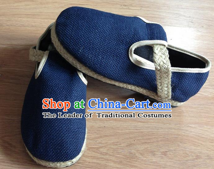 Traditional Top Chinese National Flax Frock Shoes, Martial Arts Kung Fu Straw Plaited Blue Shoes, Kung fu Chinese Taichi Shoes for Men
