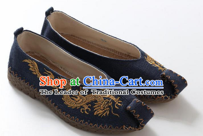 Traditional Top Chinese National Flax Frock Shoes, Martial Arts Kung Fu Embroidered Dragon Blue Cloth Shoes, Kung fu Chinese Taichi Shoes for Men