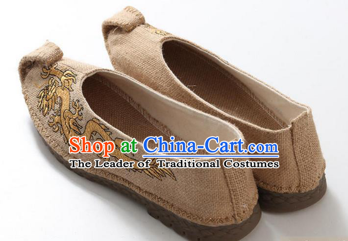 Traditional Top Chinese National Flax Frock Shoes, Martial Arts Kung Fu Embroidered Dragon Beige Cloth Shoes, Kung fu Chinese Taichi Shoes for Men