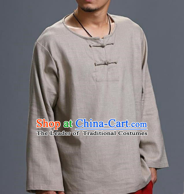 Traditional Top Chinese National Tang Suits Linen Frock Costume, Martial Arts Kung Fu Long Sleeve Grey T-Shirt, Kung fu Plate Buttons Upper Outer Garment, Chinese Taichi Shirts Wushu Clothing for Men