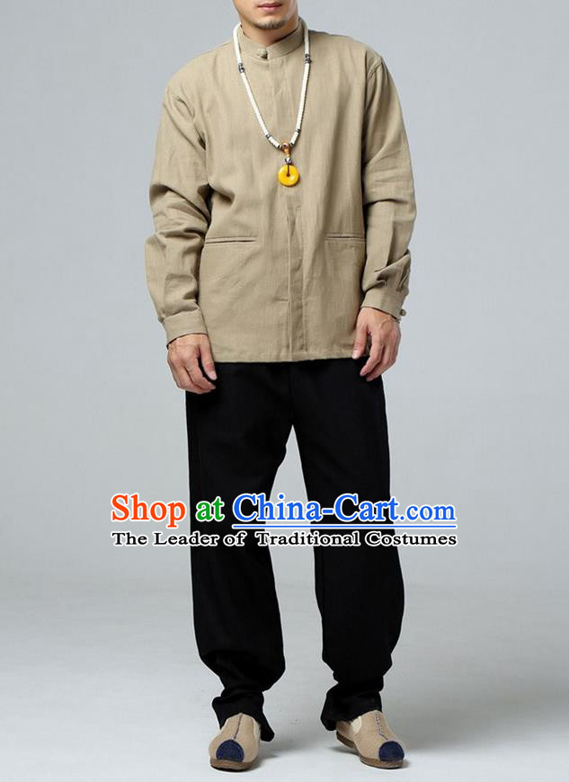 Traditional Top Chinese National Tang Suits Linen Frock Costume, Martial Arts Kung Fu Wheat Jacket Shirt, Kung fu Thin Upper Outer Garment Blouse, Chinese Taichi Thin Coats Wushu Clothing for Men
