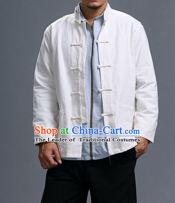 Traditional Top Chinese National Tang Suits Linen Costume, Martial Arts Kung Fu Front Opening Stand Collar White Coats, Kung fu Plate Buttons Jacket, Chinese Taichi Short Coats Wushu Clothing for Men