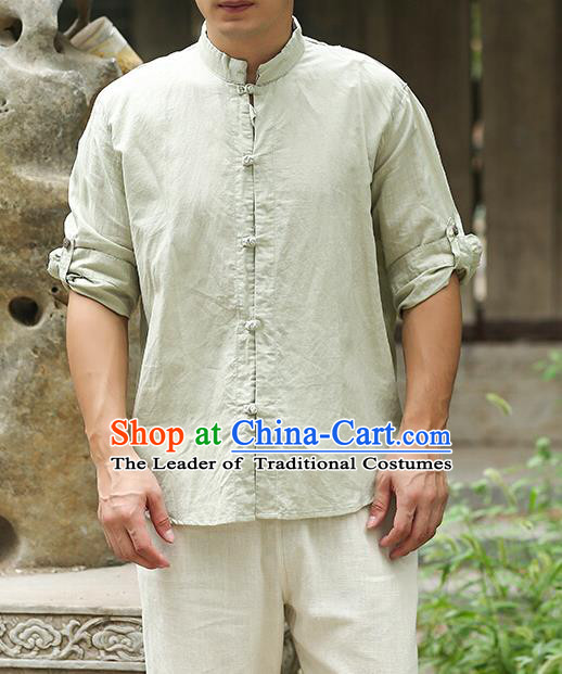 Traditional Top Chinese National Tang Suits Linen Frock Costume, Martial Arts Kung Fu Stand Collar Green Shirt, Kung fu Plate Buttons Thin Upper Outer Garment Blouse, Chinese Taichi Thin Shirts Wushu Clothing for Men