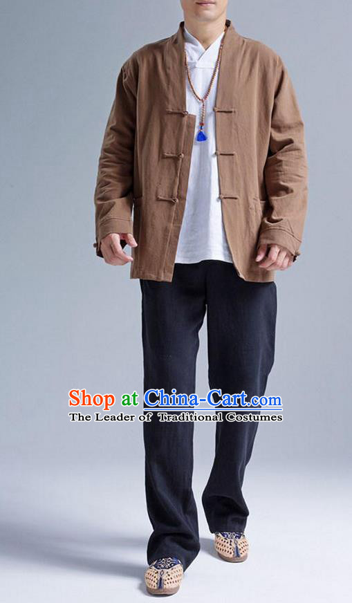 Traditional Top Chinese National Tang Suits Linen Front Opening Costume, Martial Arts Kung Fu Brown Coats, Chinese Kung fu Plate Buttons Jacket, Chinese Taichi Short Coats Wushu Cardigan Clothing for Men