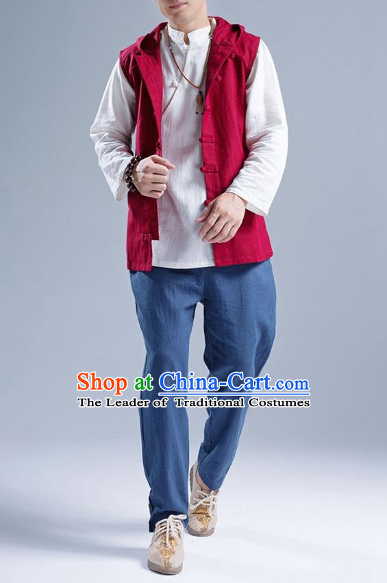 Traditional Top Chinese National Tang Suits Linen Front Opening Costume, Martial Arts Kung Fu Red Hooded Vests, Kung fu Plate Buttons Unlined Upper Garment Waistcoat, Chinese Taichi Vest Wushu Clothing for Men