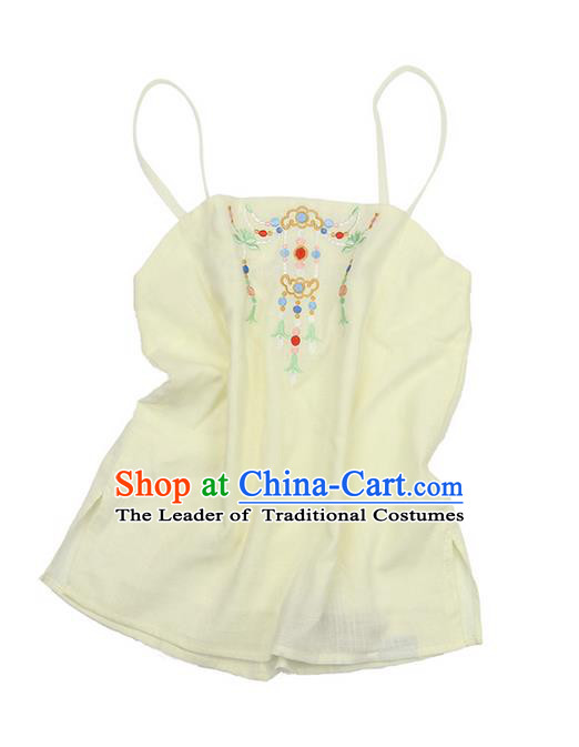 Traditional Ancient Chinese Costume Sun-Top, Elegant Hanfu Boob Tube Top Clothing Chinese Han Dynasty Embroidery Jasmine Light Yellow Condole Belt for Women